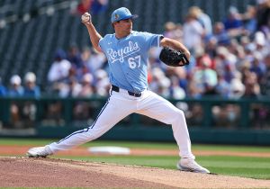 SURPRISE, ARIZONA - FEBRUARY 23: Seth Lugo #67 of the Kansas City Royals pitches during the first inning of a spring training game against the Chicago Cubs at Surprise Stadium on February 23, 2026 in Surprise, Arizona. (Photo by Mike Christy/Getty Images)