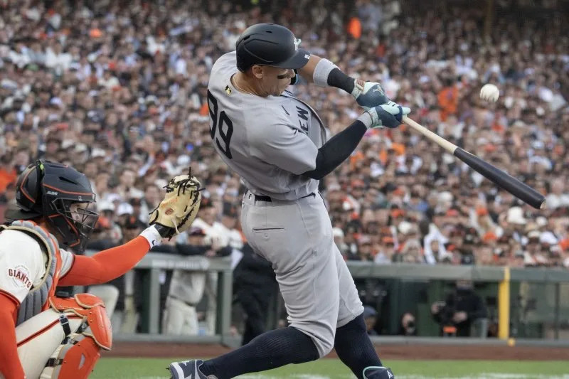 New York Yankees right fielder Aaron Judge (R) fouls off a pitch against the San Francisco Giants on Wednesday at Oracle Park in San Francisco. Photo by Terry Schmitt/UPI
