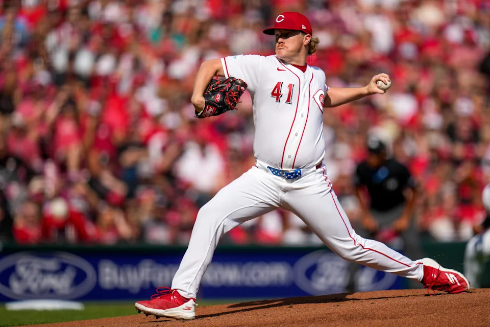 Cincinnati Reds pitcher Andrew Abbott (41) throws a four-seam fastball for the first pitch of the season in the first inning of the MLB Opening Day game between the Cincinnati Reds and the Boston Red Sox at Great American Ball Park in downtown Cincinnati on Thursday, March 26, 2026. The game was tied at 0 after four innings.