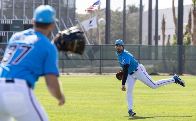 Miami Marlins pitcher Andrew Nardi (43) throws the ball during the team’s first full-squad spring training workout at Roger Dean Stadium on Monday, Feb. 16, 2026, in Jupiter, Fla.