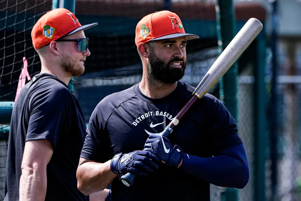 Detroit Tigers outfielder Riley Greene walks out of batting cage at practice during spring training at TigerTown in Lakeland, Fla. on Thursday, Feb. 19, 2026.
