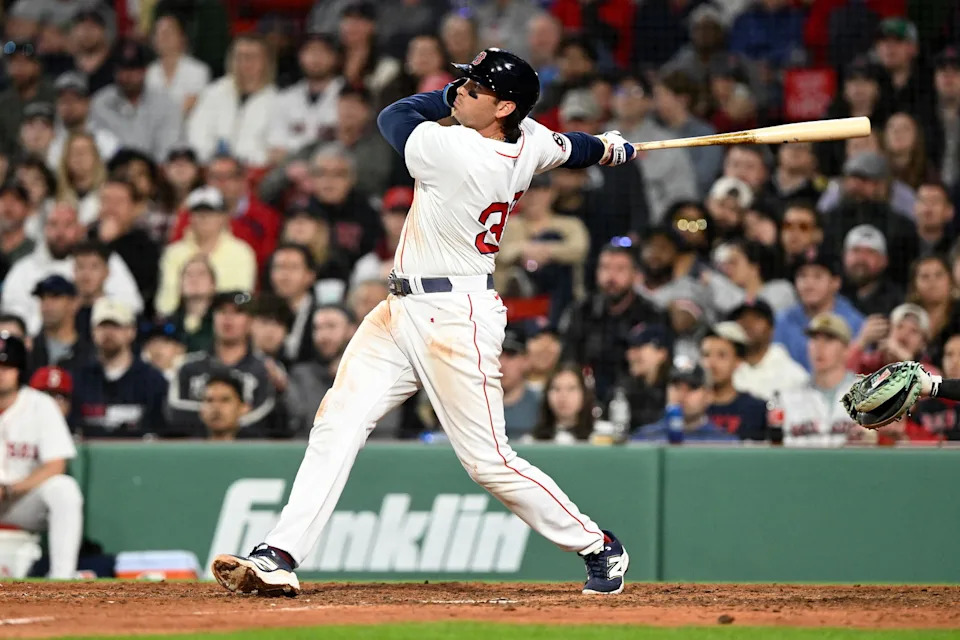 Apr 23, 2025; Boston, Massachusetts, USA; Boston Red Sox first base Triston Casas (36) hits a three-run home run against the Seattle Mariners during the eighth inning at Fenway Park. (Brian Fluharty/Imagn Images)