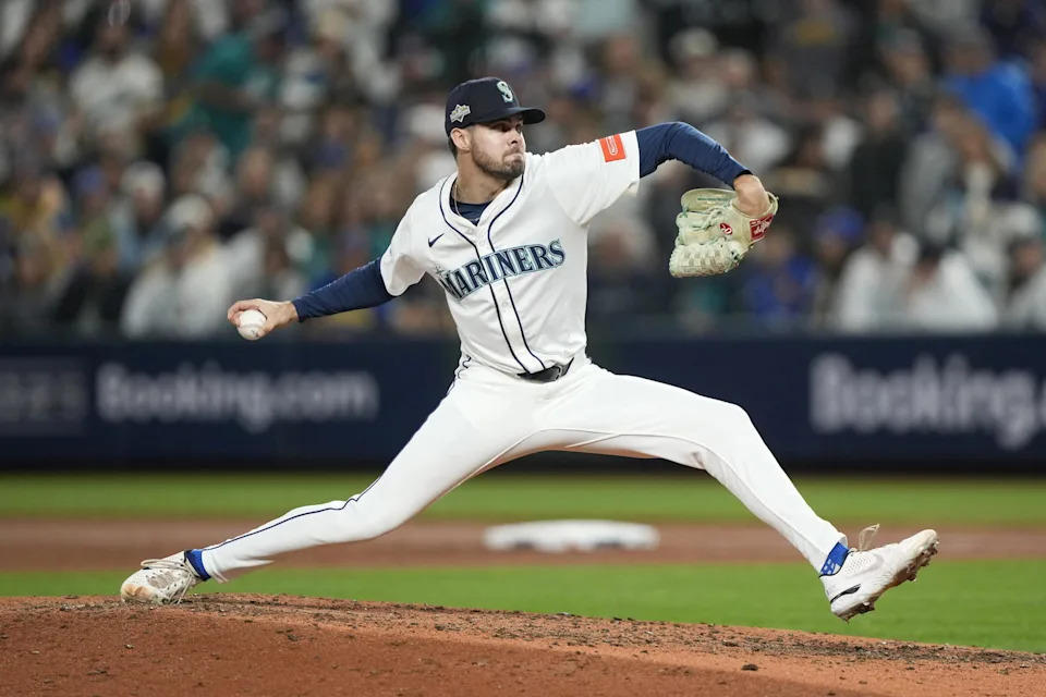 Seattle Mariners pitcher Matt Brash (47) throws against the Detroit Tigers during the sixth inning during game five of the ALDS round for the 2025 MLB playoffs at T-Mobile Park. Stephen Brashear-Imagn Images