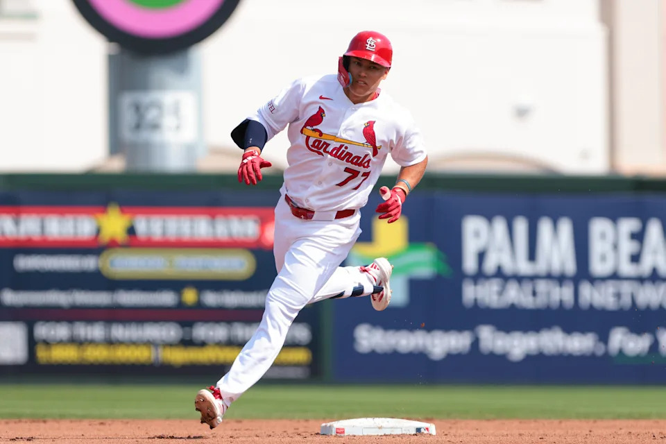 Feb 27, 2026; Jupiter, Florida, USA; St. Louis Cardinals designated hitter JJ Wetherholt (77) rounds the bases after hitting a home run against the New York Mets during the fourth inning at Roger Dean Chevrolet Stadium. Mandatory Credit: Sam Navarro-Imagn Images | Sam Navarro-Imagn Images