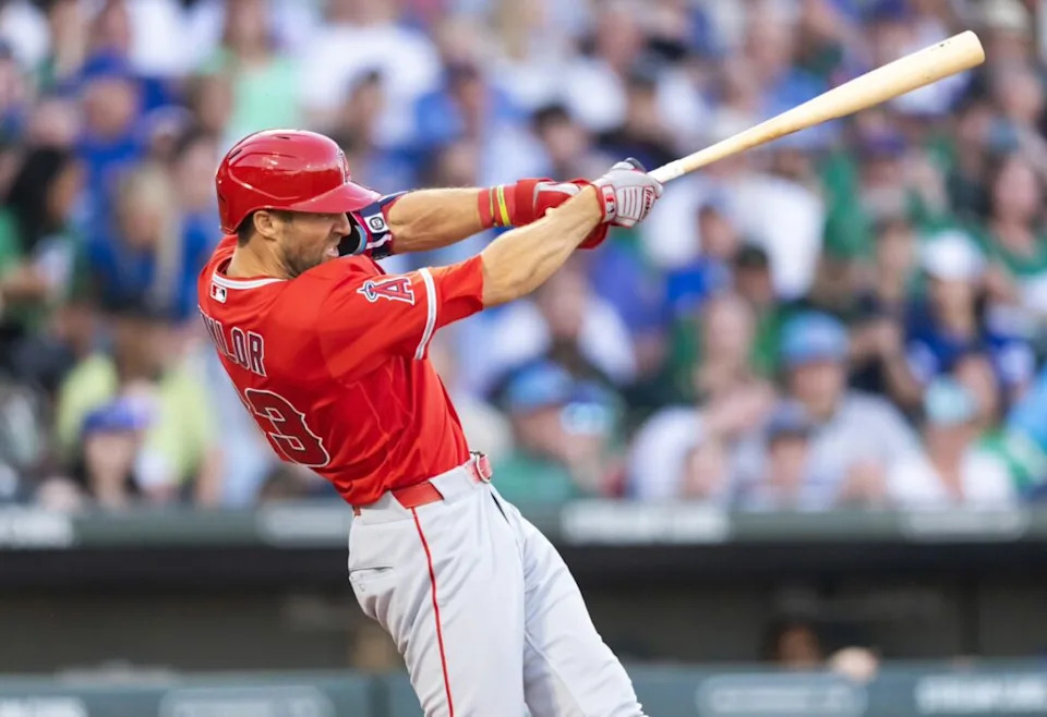 Mar 17, 2026; Mesa, Arizona, USA; Los Angeles Angels outfielder Chris Taylor against the Chicago Cubs during a spring training game at Sloan Park. Mandatory Credit: Mark J. Rebilas-Imagn Images