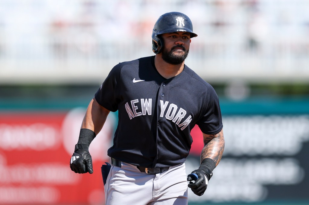 New York Yankees left fielder Jasson Domínguez (24) runs the bases after hitting a two-run home run against the Minnesota Twins in the second inning during spring training at Lee Health Sports Complex/Hammond Stadium.