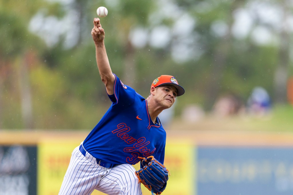 New York Mets pitcher Tobias Myers (32) throws in the first inning against the Washington Nationals during Spring Training Clover Field, Saturday, Feb. 28, 2026,