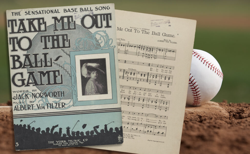 One of the original covers of the sheet music for "Take Me Out to the Ball Game," featuring cameo portrait of Trixie Friganza, vaudeville performer, girlfriend to lyricist Jack Norworth. Also pictured is a partial image of the sheet music for the song.