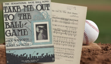 One of the original covers of the sheet music for "Take Me Out to the Ball Game," featuring cameo portrait of Trixie Friganza, vaudeville performer, girlfriend to lyricist Jack Norworth. Also pictured is a partial image of the sheet music for the song.