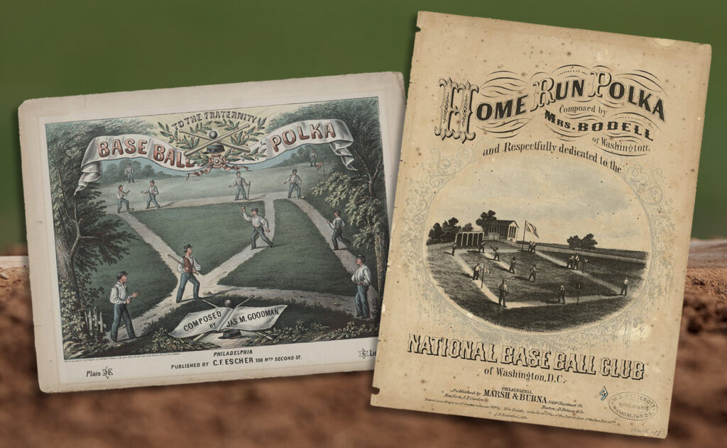 The sheet music covers for two early baseball-themes compositions. "Base Ball Polka" features colorful illustration of a baseball game in progress. "Home Run Polka" features a tinted lithograph showing men playing baseball.