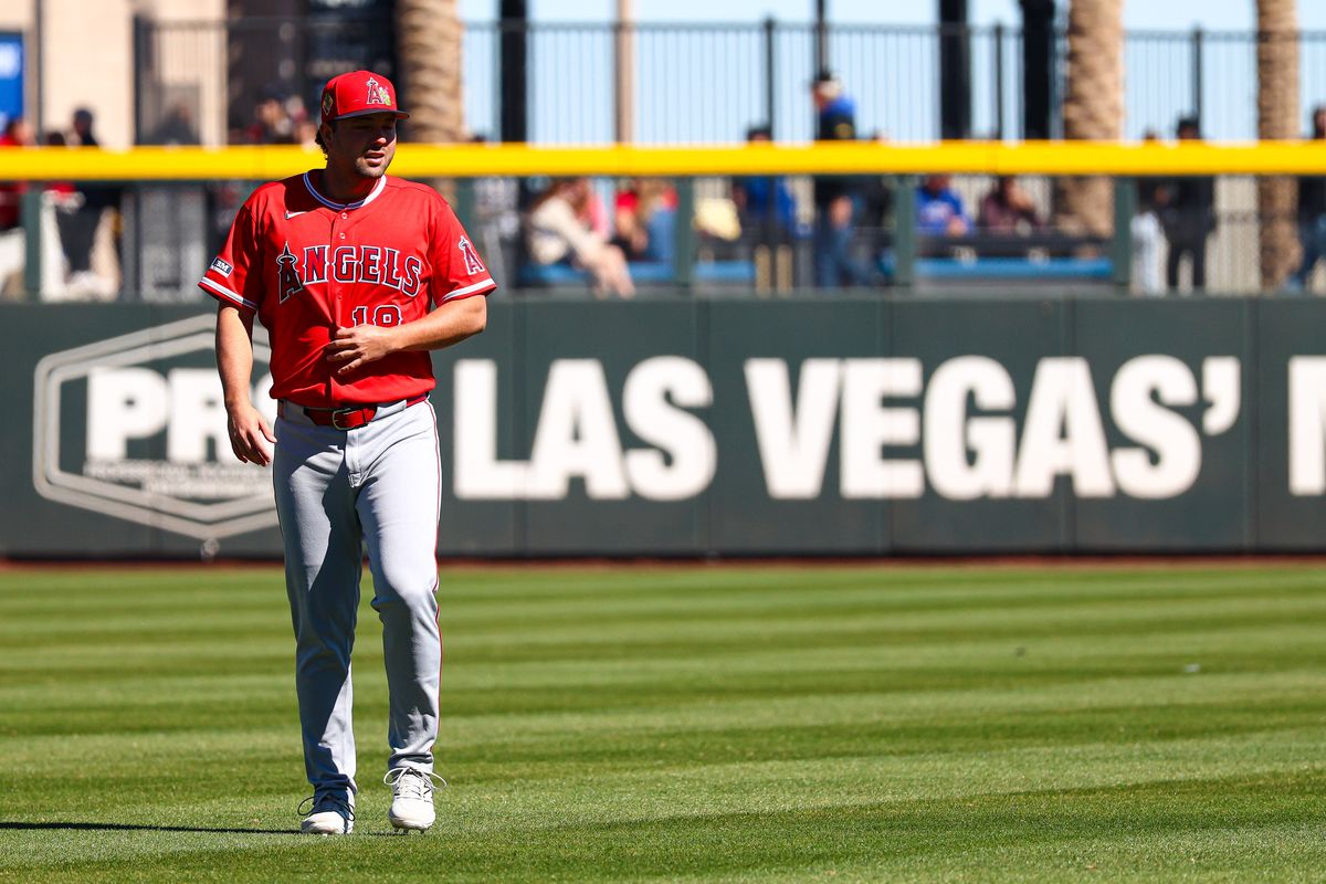 Los Angeles Angels INF Nolan Schanuel (18) warms up prior to an MLB Spring Training game against the Athletics on Saturday March 7, 2026, in Las Vegas, Nevada. 