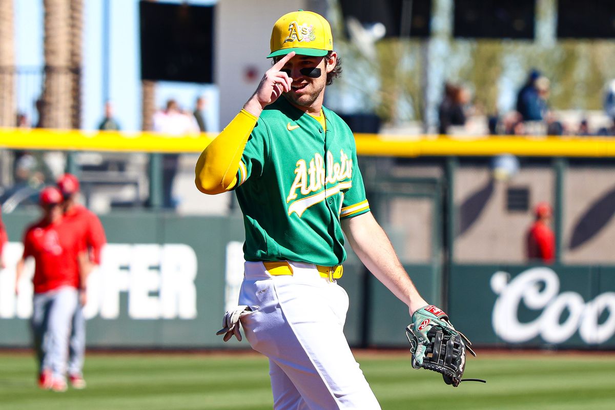 Athletics INF Jacob Wilson (5) seen prior to an MLB Spring Training game against the Los Angeles Angels on Saturday March 7, 2026, in Las Vegas, Nevada. 