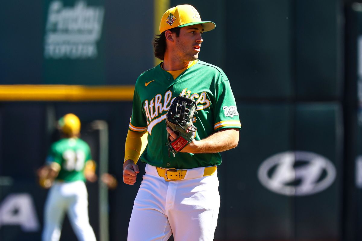 Athletics INF Jacob Wilson (5) jogs to his position during an MLB Spring Training game against the Los Angeles Angels on Sunday March 8, 2026, in Las Vegas, Nevada. 