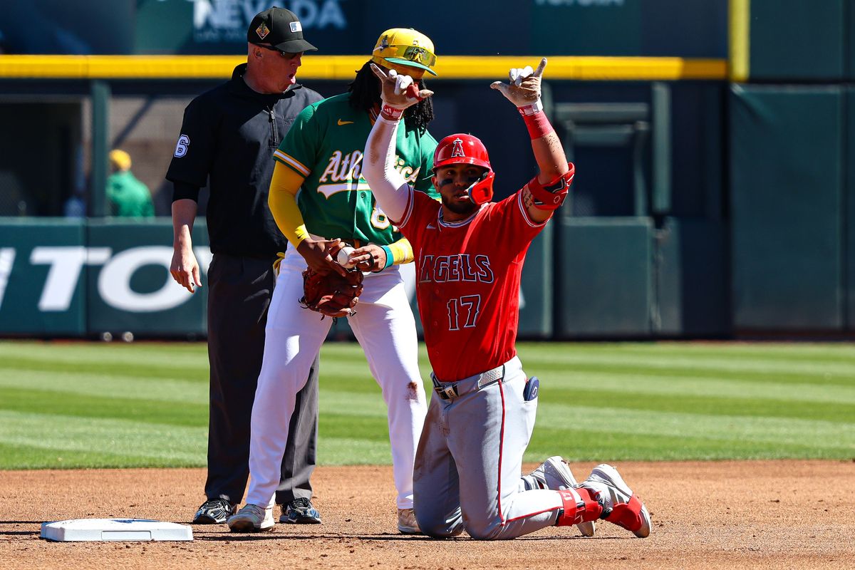 Los Angeles Angels INF Oswald Peraza (17) reacts after hitting a double against the Athletics on Sunday March 8, 2026, in Las Vegas, Nevada. 