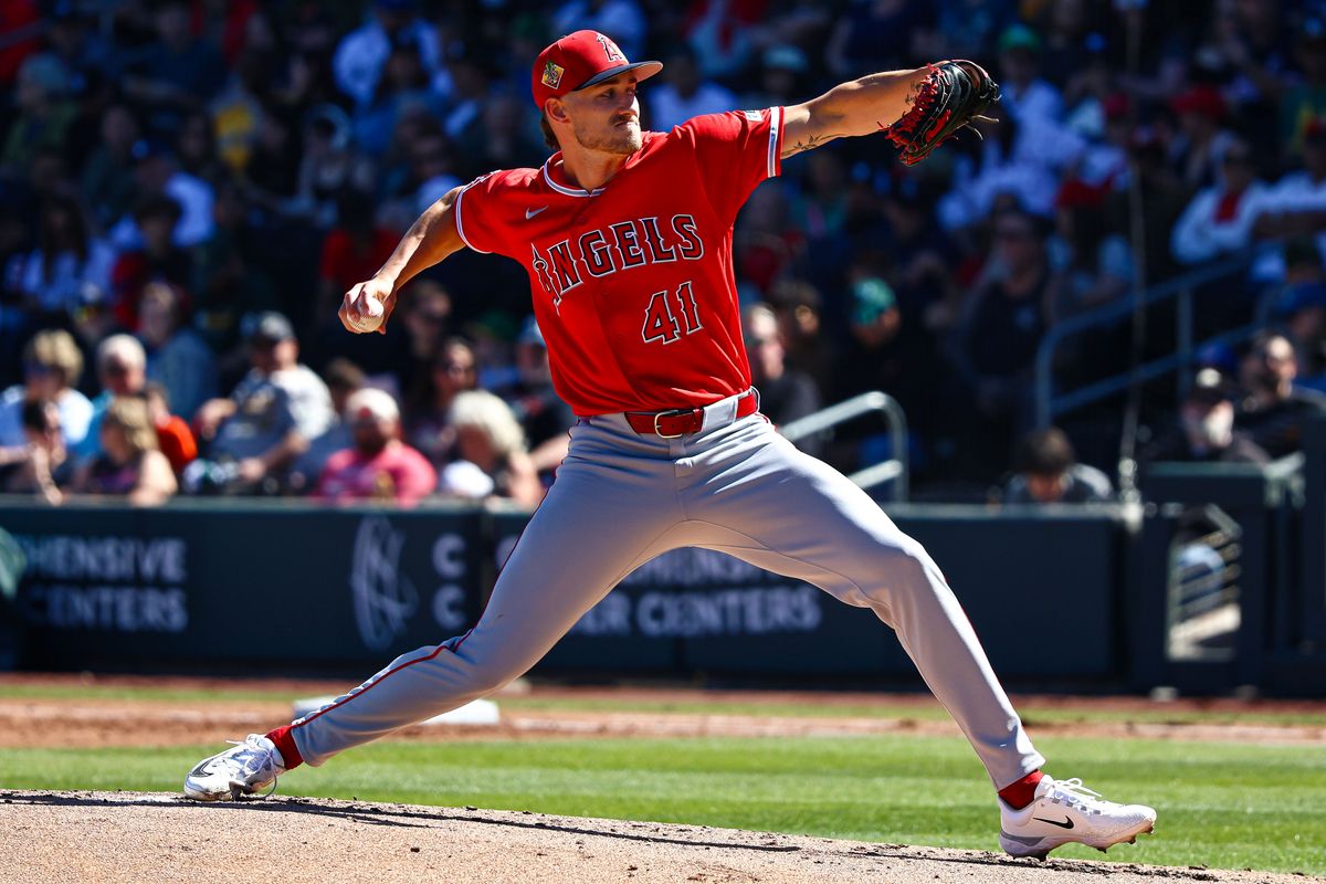  Los Angeles Angels RHP Jack Kochanowicz (41) throws a pitch against the Athletics on Sunday March 8, 2026, in Las Vegas, Nevada. 