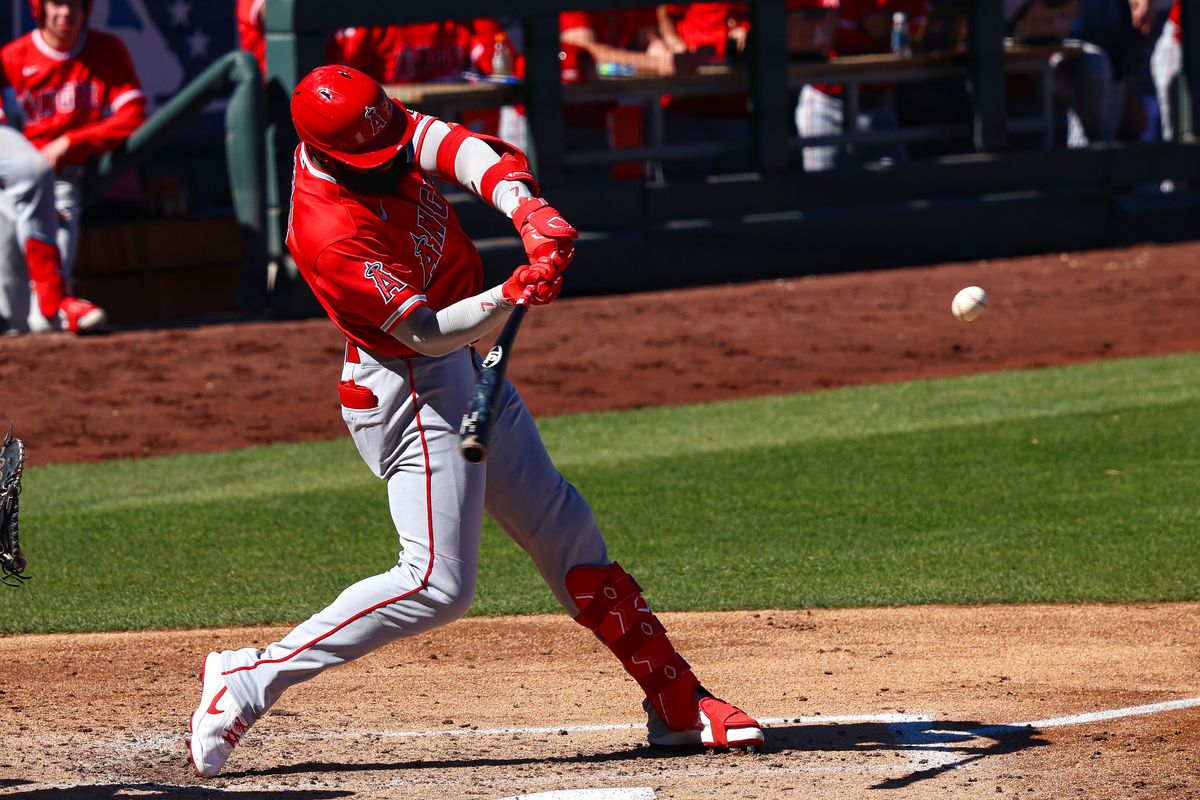  Los Angeles Angels OF Jo Adell (7) hits a double against the Athletics on Sunday March 8, 2026, in Las Vegas, Nevada. 