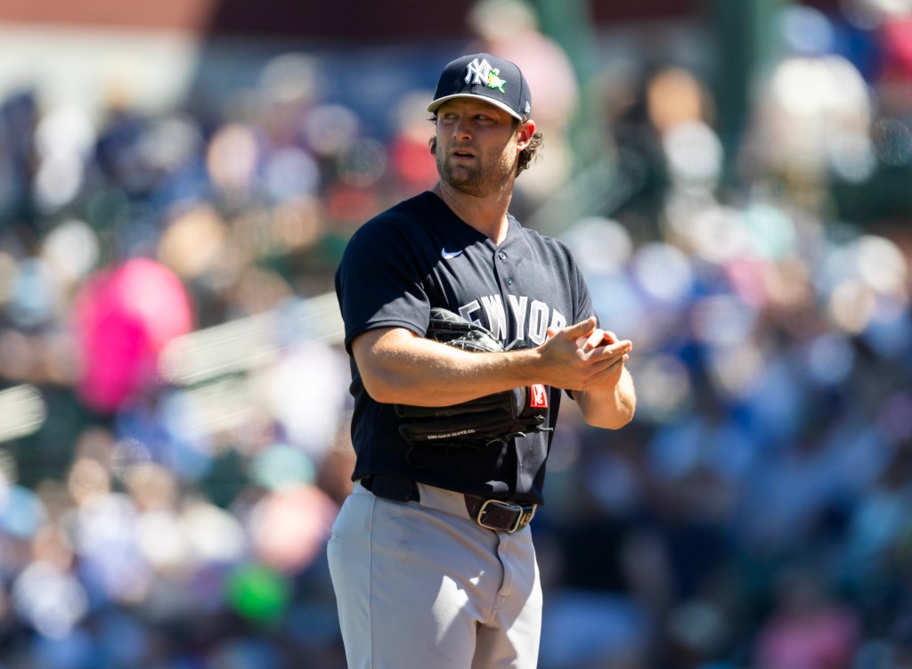 New York Yankees pitcher Gerrit Cole against the Chicago Cubs during spring training at Sloan Park.