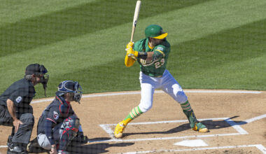 Athletics catcher Shea Langeliers (23) at bat during the first inning of a spring training base ...