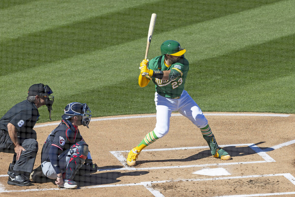 Athletics catcher Shea Langeliers (23) at bat during the first inning of a spring training base ...