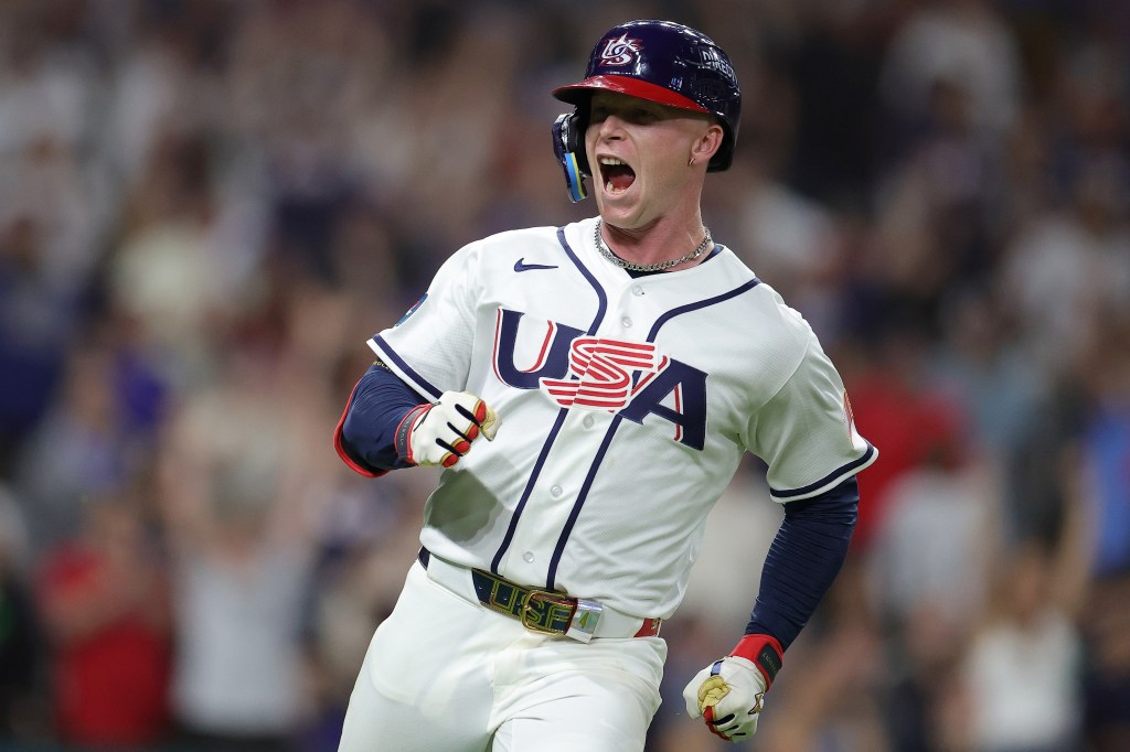 Pete Crow-Armstrong #4 of Team United States celebrates as he rounds the bases after hitting a solo home run against Team Italy in the ninth inning during the 2026 World Baseball Classic at Daikin Park on March 10, 2026 in Houston, Texas.