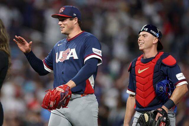 MIAMI, FLORIDA - MARCH 15: Mason Miller (19) and Will Smith (16) of Team United States celebrate after the 2-1 victory against Team Dominican Republic at loanDepot park on March 15, 2026 in Miami, Florida.