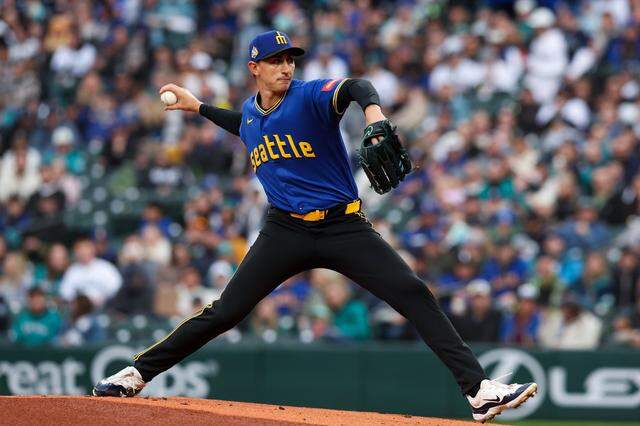 SEATTLE, WASHINGTON - MARCH 27: George Kirby #68 of the Seattle Mariners pitches during the first inning against the Cleveland Guardians at T-Mobile Park on March 27, 2026 in Seattle, Washington. (Photo by Maddy Grassy/Getty Images)