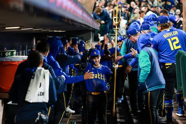 SEATTLE, WASHINGTON - MARCH 27: Cole Young #2 of the Seattle Mariners celebrates after his three-run home run during the fourth inning against the Cleveland Guardians at T-Mobile Park on March 27, 2026 in Seattle, Washington. (Photo by Maddy Grassy/Getty Images)