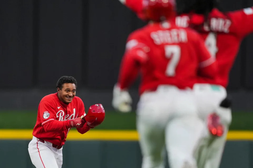 Mar 28, 2026; Cincinnati, Ohio, USA; Cincinnati Reds outfielder Dane Myers (17) celebrates after hitting an RBI walk-off single against the Boston Red Sox in the 11th inning at Great American Ball Park. (Aaron Doster/Imagn Images)