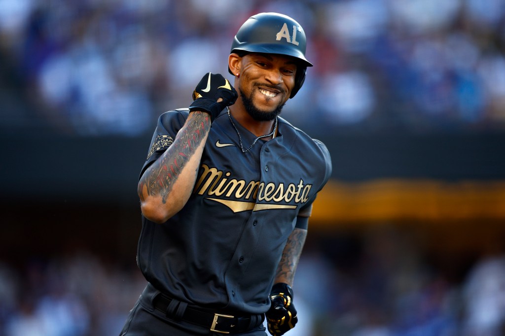 Byron Buxton #25 of the Minnesota Twins celebrates after hitting a solo home run in the fourth inning against the National League during the 92nd MLB All-Star Game presented by Mastercard at Dodger Stadium on July 19, 2022 in Los Angeles, California.