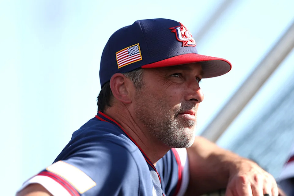 PHOENIX, ARIZONA - MARCH 02: Manager Mark DeRosa #9 of Team USA watches batting practice during a workout at Papago Park Sports Complex on March 02, 2026 in Phoenix, Arizona. (Photo by Chris Coduto/Getty Images)