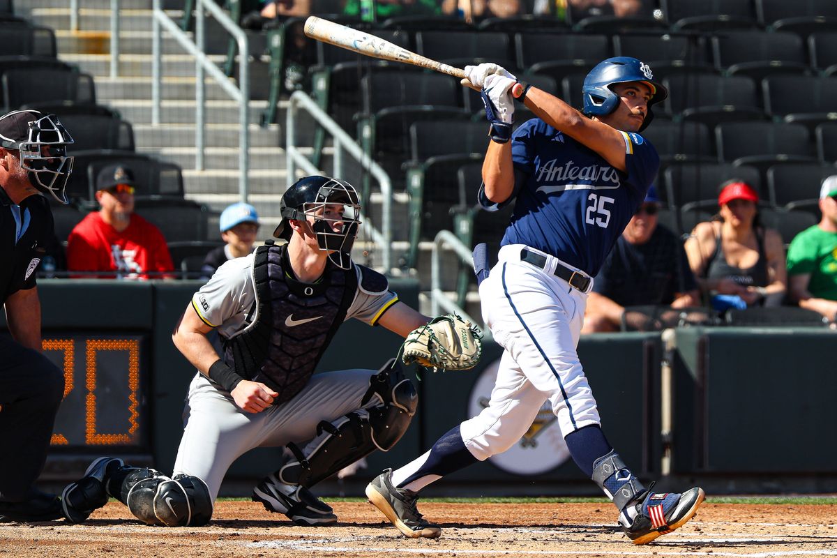 UC Irvine Anteaters 1B Alonso Reyes (25) follows through after a base hit against the Oregon Ducks at the 2026 Live Like Lou Las Vegas College Baseball Classic on Saturday, February 28, 2026, at Las Vegas Ballpark in Las Vegas, Nevada. UC Irvine Anteaters 1B Alonso Reyes (25) follows through after a base hit against the Oregon Ducks at the 2026 Live Like Lou Las Vegas College Baseball Classic on Saturday, February 28, 2026, at Las Vegas Ballpark in Las Vegas, Nevada.