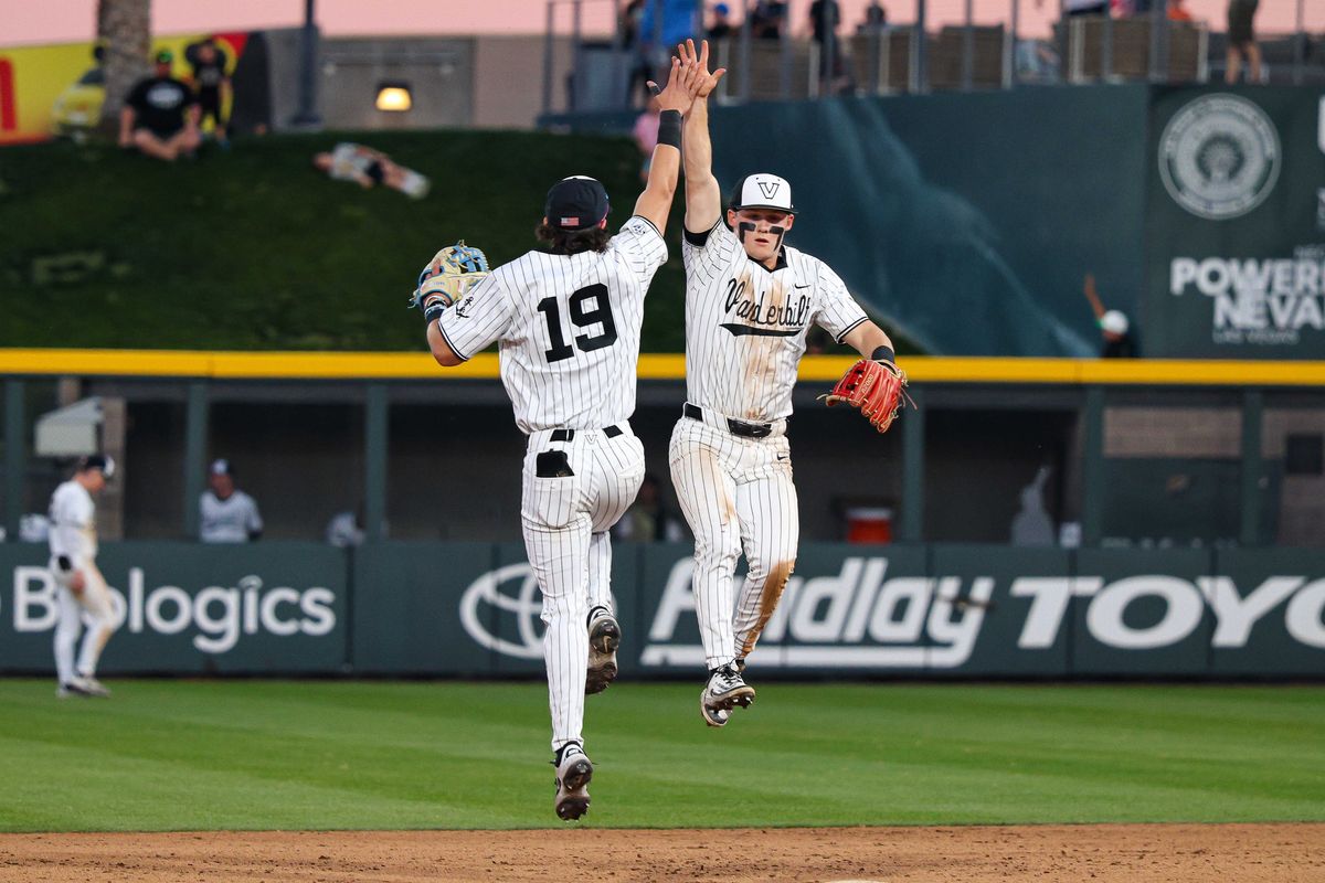 Vanderbilt Commodores LF Rustan Rigdon (19) and Vanderbilt Commodores SS Ryker Waite (51) high five prior to the start of an inning against the Arizona Wildcats at the 2026 Live Like Lou Las Vegas College Baseball Classic on Saturday, February 28, 2026, at Las Vegas Ballpark in Las Vegas, Nevada. Vanderbilt Commodores LF Rustan Rigdon (19) and Vanderbilt Commodores SS Ryker Waite (51) high five prior to the start of an inning against the Arizona Wildcats at the 2026 Live Like Lou Las Vegas College Baseball Classic on Saturday, February 28, 2026, at Las Vegas Ballpark in Las Vegas, Nevada.