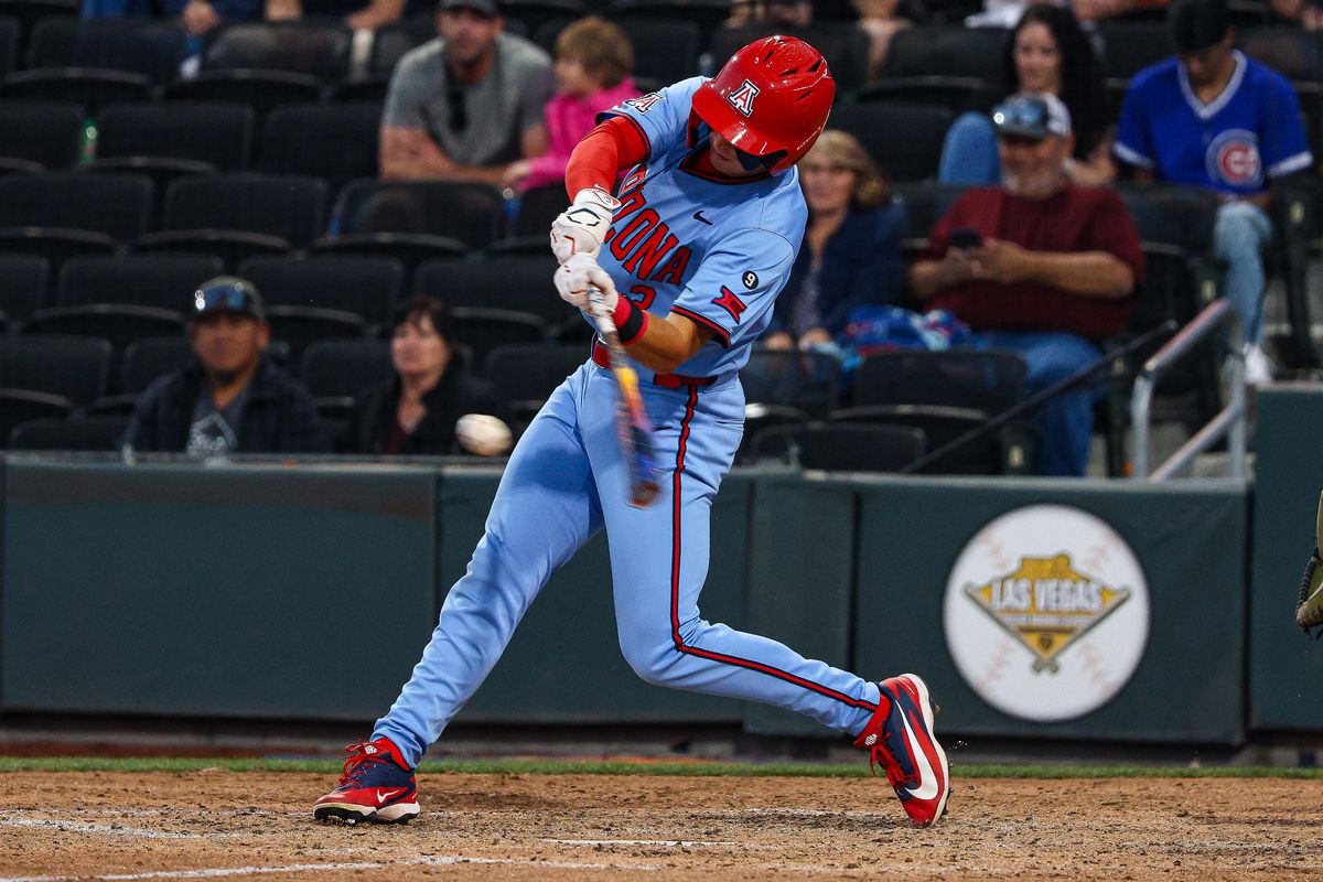 Arizona Wildcats OF Andrew Cain (3) hits a base knock against the Vanderbilt Commodores at the 2026 Live Like Lou Las Vegas College Baseball Classic on Saturday, February 28, 2026, at Las Vegas Ballpark in Las Vegas, Nevada. Arizona Wildcats OF Andrew Cain (3) hits a base knock against the Vanderbilt Commodores at the 2026 Live Like Lou Las Vegas College Baseball Classic on Saturday, February 28, 2026, at Las Vegas Ballpark in Las Vegas, Nevada.