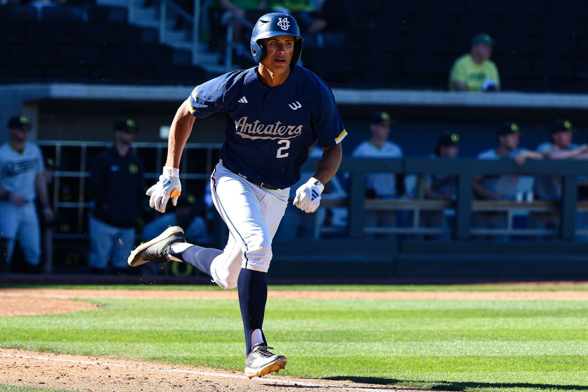 UC Irvine Anteaters OF Tommy Farmer (2) legs out a single against the Oregon Ducks at the 2026 Live Like Lou Las Vegas College Baseball Classic on Saturday, February 28, 2026, at Las Vegas Ballpark in Las Vegas, Nevada. UC Irvine Anteaters OF Tommy Farmer (2) legs out a single against the Oregon Ducks at the 2026 Live Like Lou Las Vegas College Baseball Classic on Saturday, February 28, 2026, at Las Vegas Ballpark in Las Vegas, Nevada.