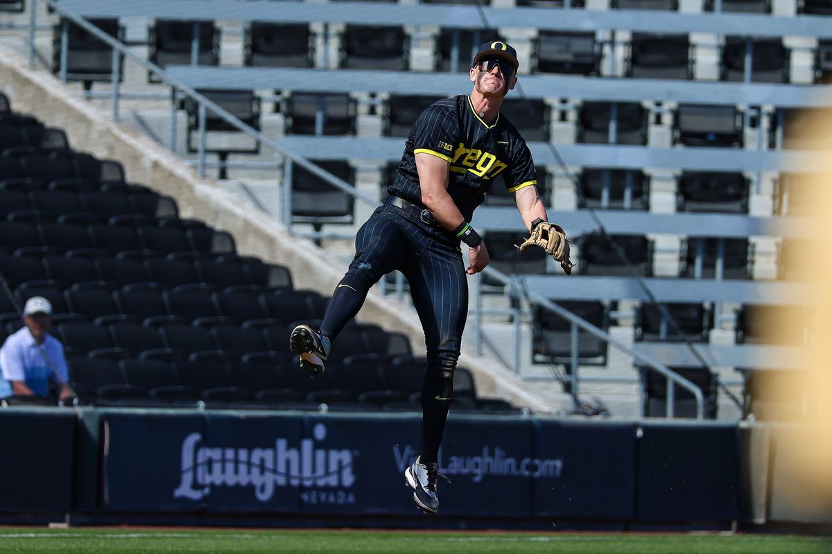 Potential first round pick Oregon Ducks SS Maddox Molony (9) makes a leaping throw for an out against the Vanderbilt Commodores at the 2026 Live Like Lou Las Vegas College Baseball Classic on Sunday, March 1, 2026 at Las Vegas Ballpark in Las Vegas, Nevada. Potential first round pick Oregon Ducks SS Maddox Molony (9) makes a leaping throw for an out against the Vanderbilt Commodores at the 2026 Live Like Lou Las Vegas College Baseball Classic on Sunday, March 1, 2026 at Las Vegas Ballpark in Las Vegas, Nevada.