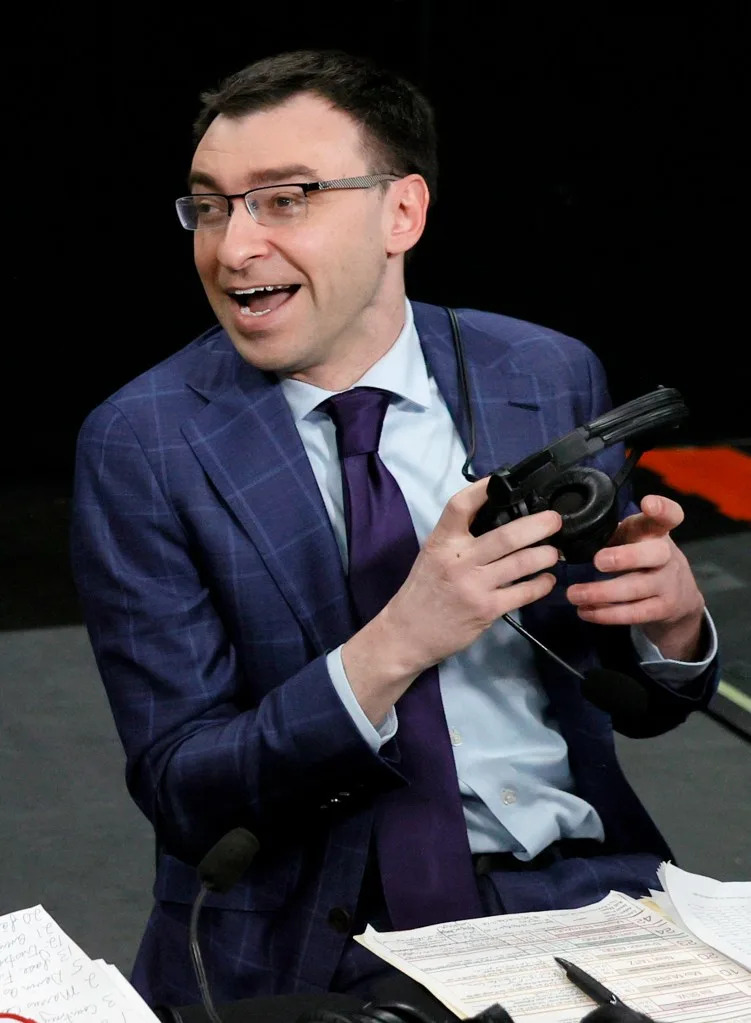 Sportscaster Jason Benetti gets ready to call the Pac-12 Coast-to-Coast Challenge between the Texas Longhorns and the Stanford Cardinal at T-Mobile Arena on December 19, 2021 in Las Vegas, Nevada. Getty Images