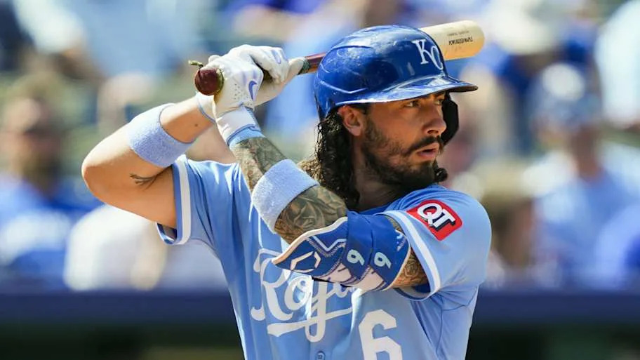 Jonathan India bats during the seventh inning against the Texas Rangers at Kauffman Stadium.