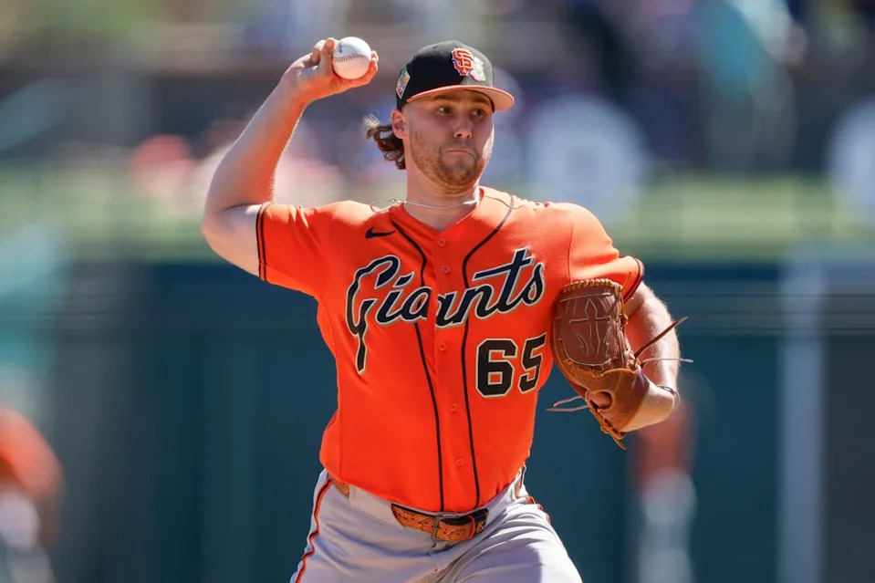 Landen Roupp of the San Francisco Giants throws a pitch in the fourth inning during a Spring Training game against the Los Angeles Dodgers at Camelback Ranch on March 18, 2026 in Glendale, Arizona. Getty Images