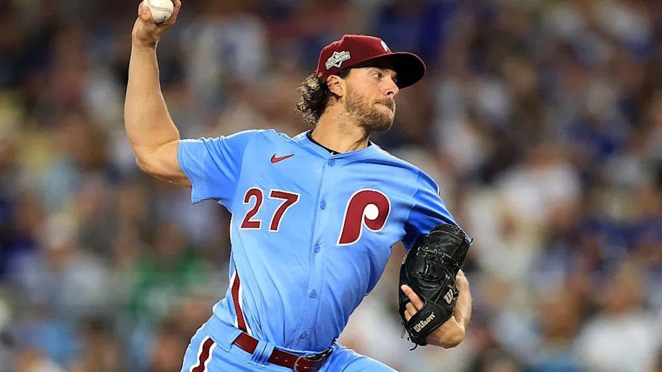 <div>Aaron Nola #27 of the Philadelphia Phillies pitches against the Los Angeles Dodgers. (Photo by Luke Hales/Getty Images)</div>