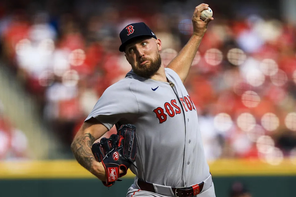 Mar 26, 2026; Cincinnati, Ohio, USA; Boston Red Sox starting pitcher Garrett Crochet (35) pitches against the Cincinnati Reds in the third inning at Great American Ball Park. (Katie Stratman/Imagn Images)