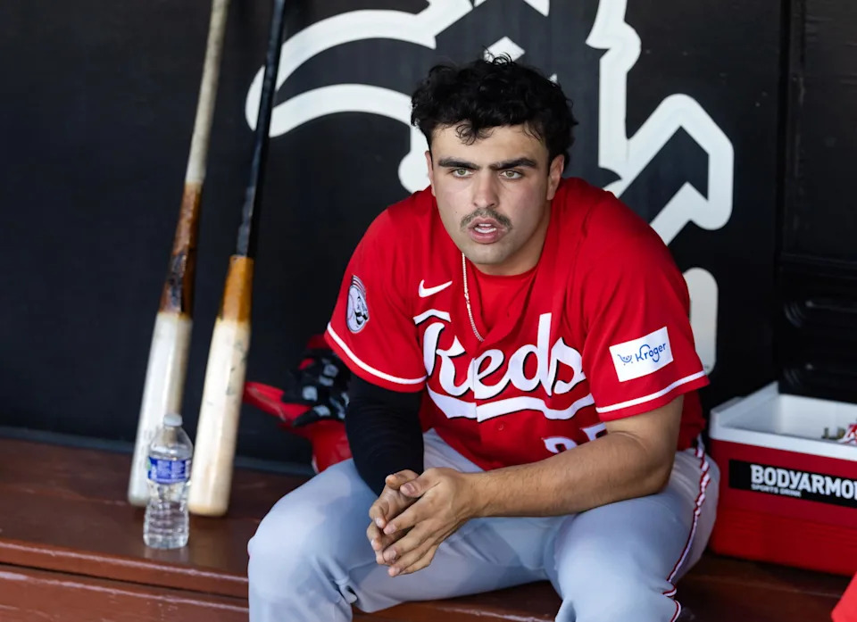 Cincinnati Reds first baseman Sal Stewart. © Mark J. Rebilas-Imagn Images