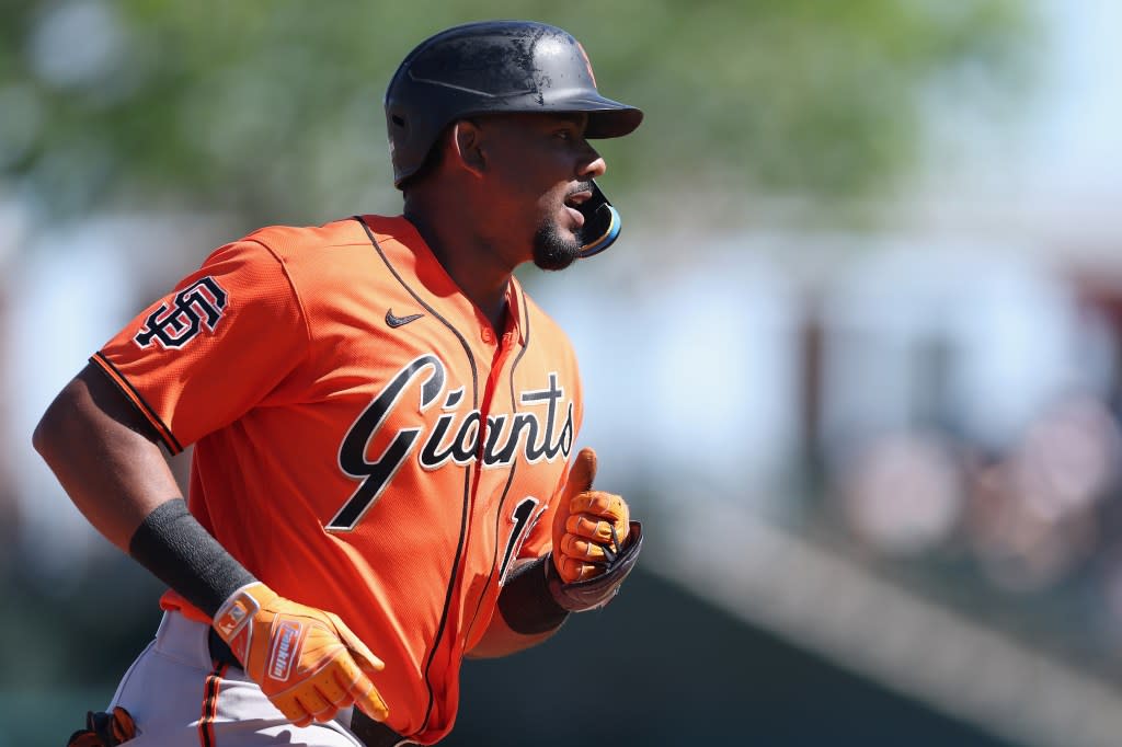 The Giants’ Jerar Encarnacion hit a mammoth blast estimated at 463 feet Sunday against the Brewers. Getty Images