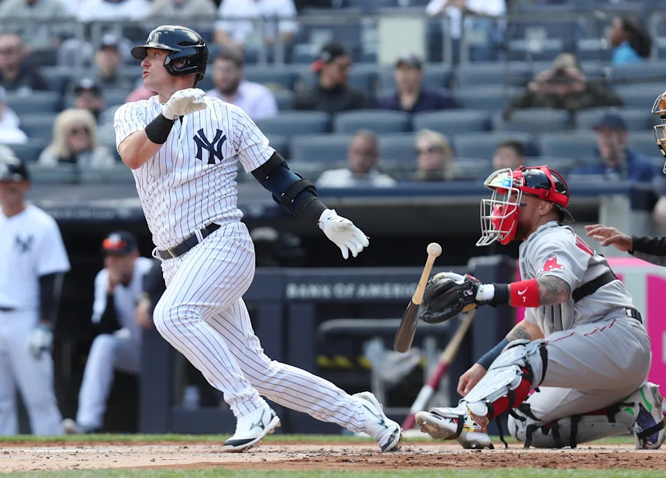 Yankees and Red Sox in opening day baseball action at Yankee Stadium April 8, 2022.