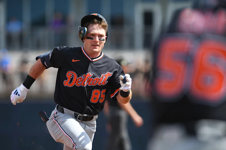 PORT CHARLOTTE, FLORIDA - FEBRUARY 28: Kevin McGonigle #85 of the Detroit Tigers hits a triple during the first inning of a spring training game against the Tampa Bay Rays at Charlotte Sports Park on February 28, 2026 in Port Charlotte, Florida. (Photo by Mark Taylor/Getty Images) | Getty Images