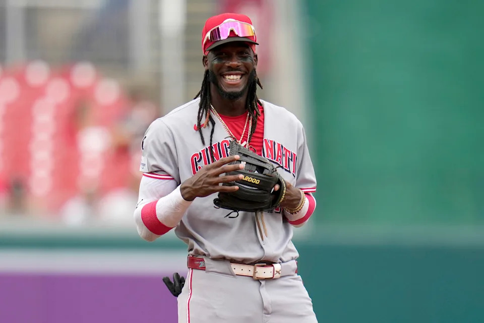 WASHINGTON, DC - JULY 23: Elly De La Cruz #44 of the Cincinnati Reds smiles as he waits for a pitch to the Washington Nationals during the first inning at Nationals Park on July 23, 2025 in Washington, DC. (Photo by Jess Rapfogel/Getty Images)
