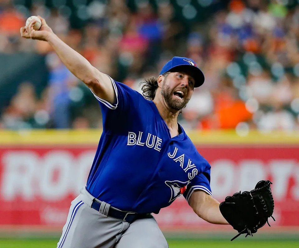 HOUSTON, TX - AUGUST 02:  R.A. Dickey #43 of the Toronto Blue Jays pitches in the first inning against the Houston Astros at Minute Maid Park on August 2, 2016 in Houston, Texas.  (Photo by Bob Levey/Getty Images)