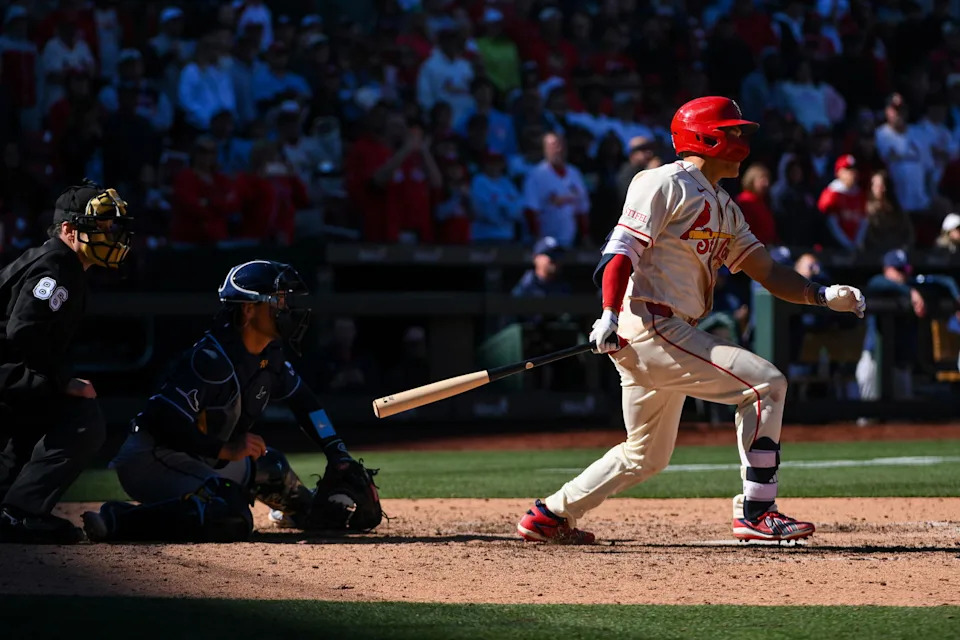 St. Louis Cardinals shortstop JJ Wetherholt (26) hits a walk-off two run single against the Tampa Bay Rays during the tenth inning at Busch Stadium. Jeff Curry-Imagn Images