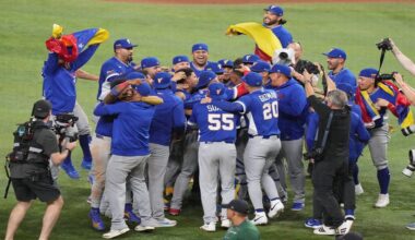 Venezuela celebrates after defeating the United States in the championship game of the World Baseball Classic, Tuesday, March 17, 2026, in Miami. (AP Photo/Lynne Sladky)