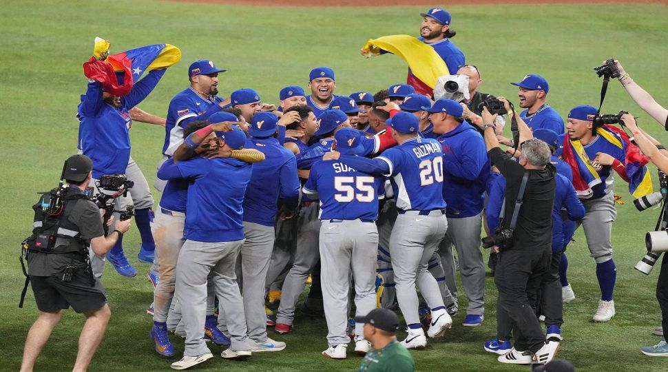Venezuela celebrates after defeating the United States in the championship game of the World Baseball Classic, Tuesday, March 17, 2026, in Miami. (AP Photo/Lynne Sladky)