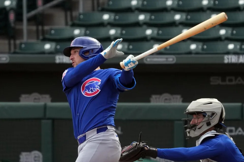 Feb 11, 2026; Mesa, AZ, USA; Chicago Cubs Alex Bregman (3) hits live batting practice during spring training camp at Sloan Park. Mandatory Credit: Rick Scuteri-Imagn Images